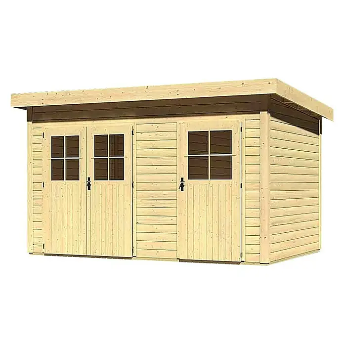 Karibu Gartenhaus Tintrup - 273 x 396 cm, Wandstärke: 28 mm, Flachdach, Natur - Linke Seitenansicht