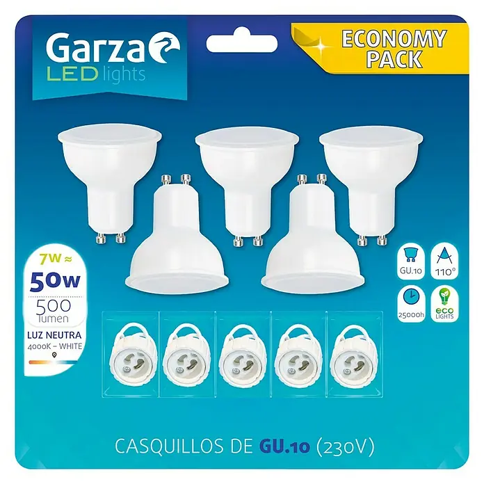 Garza Bombilla LED - 5 uds., GU10, 7 W, Color de luz: Blanco neutro, No regulable