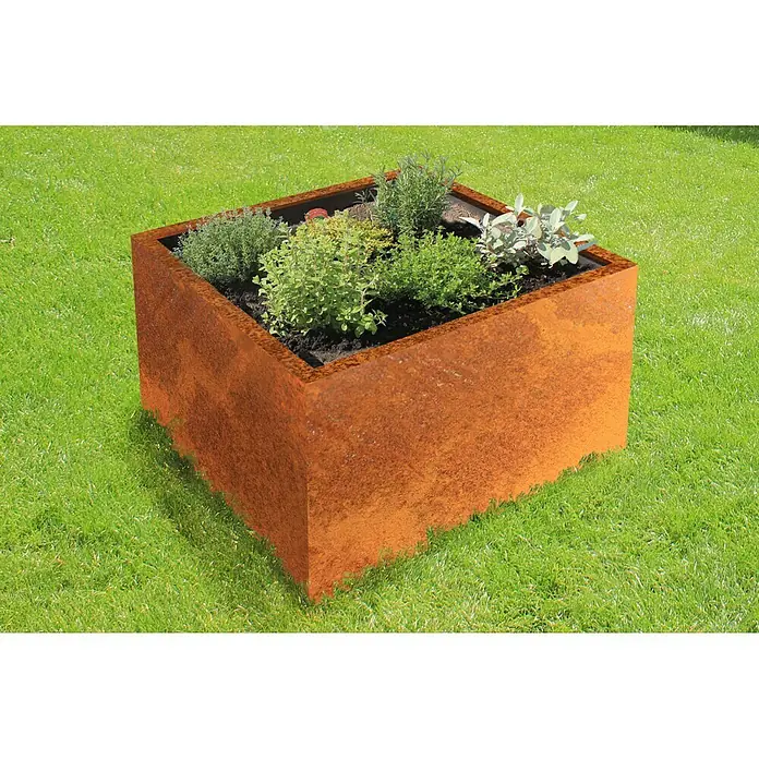 Pflanzgefäß - L x B x H: 80 x 80 x 50 cm, Cortenstahl, Rotbraun - Stimmungsaufnahme