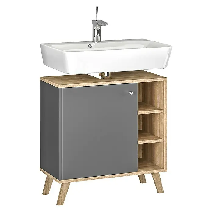 Madera Kupaonski ormarić za nasadni umivaonik - 65 x 33 x 60 cm, Antracit-svijetli hrast - Pogled sprijeda