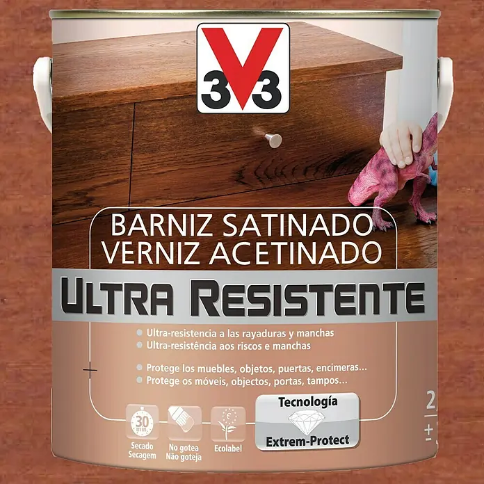 V33 Barniz para madera Satinado Ultra Resistente - Sapelly, Satinado, 2,5 l