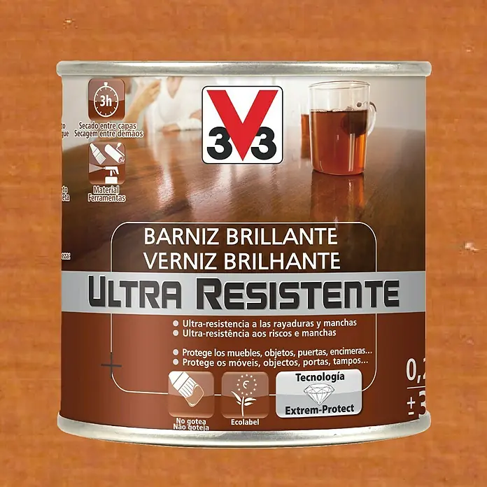 V33 Barniz para madera Brillante Ultra Resistente - Cerezo, Brillante, 250 ml