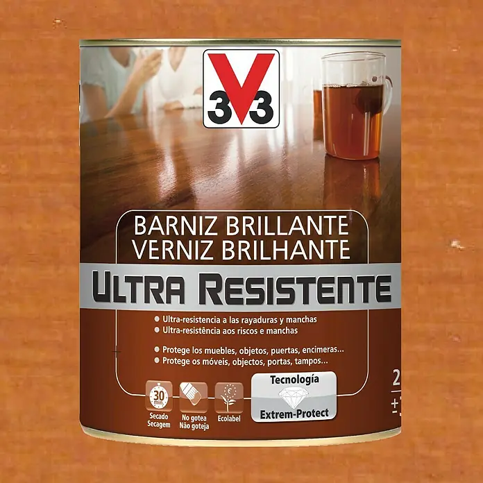 V33 Barniz para madera Brillante Ultra Resistente - Cerezo, Brillante, 750 ml