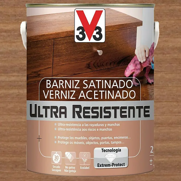 V33 Barniz para madera Satinado Ultra Resistente - Wengué, Satinado, 250 ml