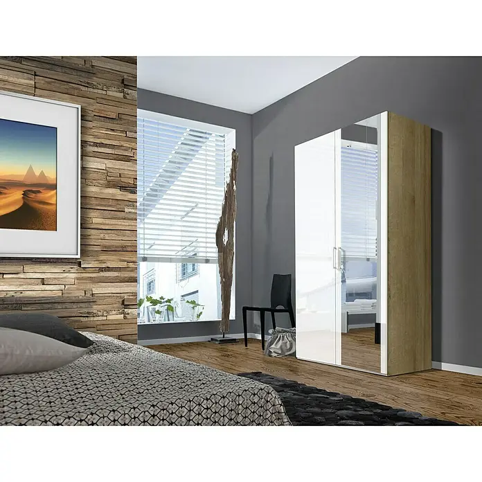 Express Möbel Drehtürschrank Brooklyn - L x B x H: 58 x 100 x 216 cm, Riviera Eiche/Weiß, 1 Spiegel, Lackiert - Stimmungsaufnahme