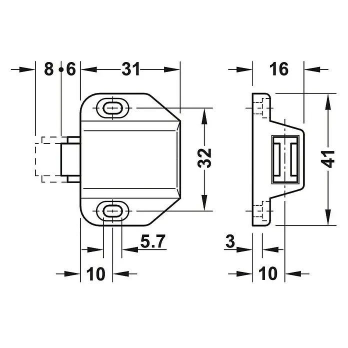 Häfele Magnetische druksluiting - l x b x h: 31 x 41 x 16 mm, Glazen deuren met 1 vleugel - Vooraanzicht