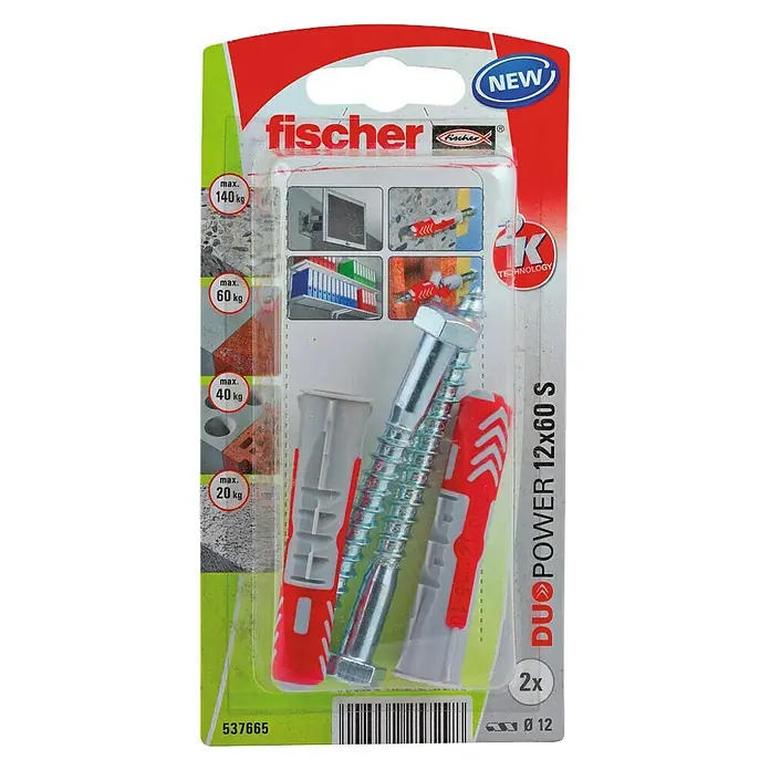 Fischer Duopower Set de tacos y tornillos - Diámetro taco: 12 mm, Longitud taco: 60 mm, 2 uds.