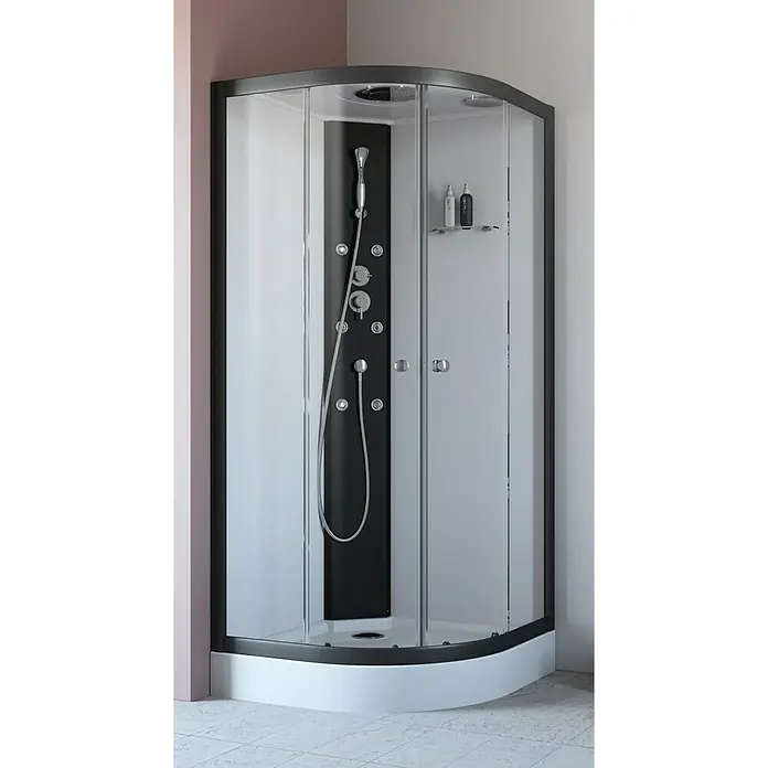GEO Fix Komplettdusche - 90 x 90 x 215 cm, Gebogen, Weiß/Schwarz - Vorderansicht