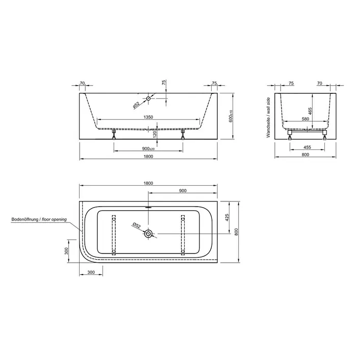 Ottofond Badewanne Bonita - 180 x 80 cm, Linksseitig, Mit Ab- & Überlaufgarnitur & Wannenrandarmatur, Sanitäracryl, Weiß