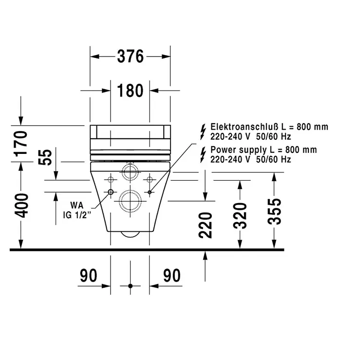 Duravit DuraStyle Wand-WC Vega GH - Mit Spülrand, Ohne Spezialglasur, Spülform: Tief, WC Abgang: Waagerecht, Weiß - Skizze