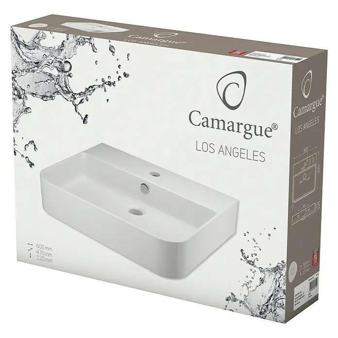 Camargue Los Angeles Umivaonik Soft - 60 x 47 cm, Bez posebne glazure, Rupa za slavinu: Sredina, S preljevom, Bijela boja