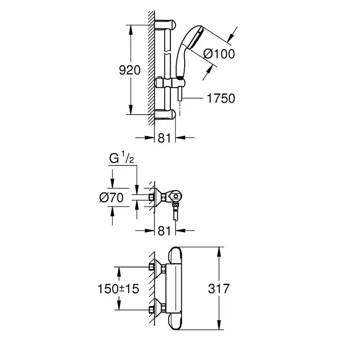 Grohe Brause-Set Grohtherm 1000 - Lochabstand: 92 cm, Chrom