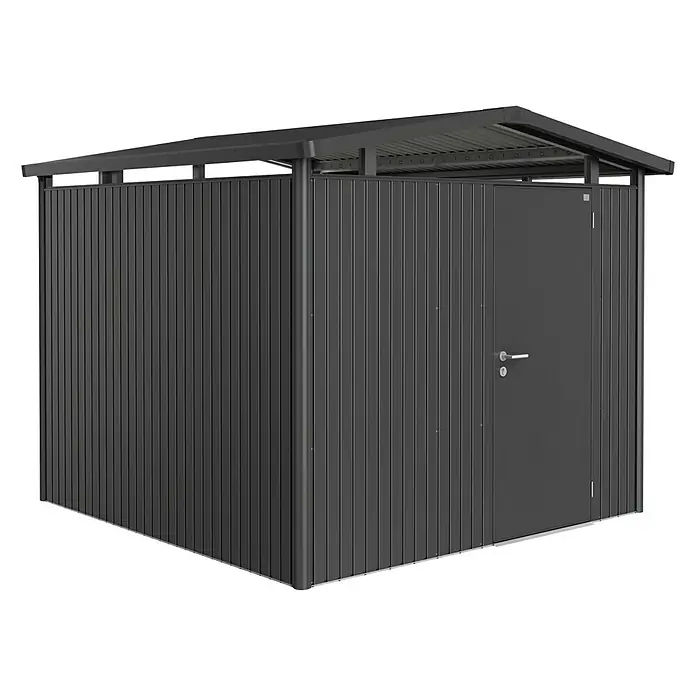 Biohort Gerätehaus Panorama - Außenbreite inkl. Dachüberstand: 273 cm, Außentiefe inkl. Dachüberstand: 278 cm, Stahl, Dunkelgrau Metallic, Einzeltür - Vorderansicht
