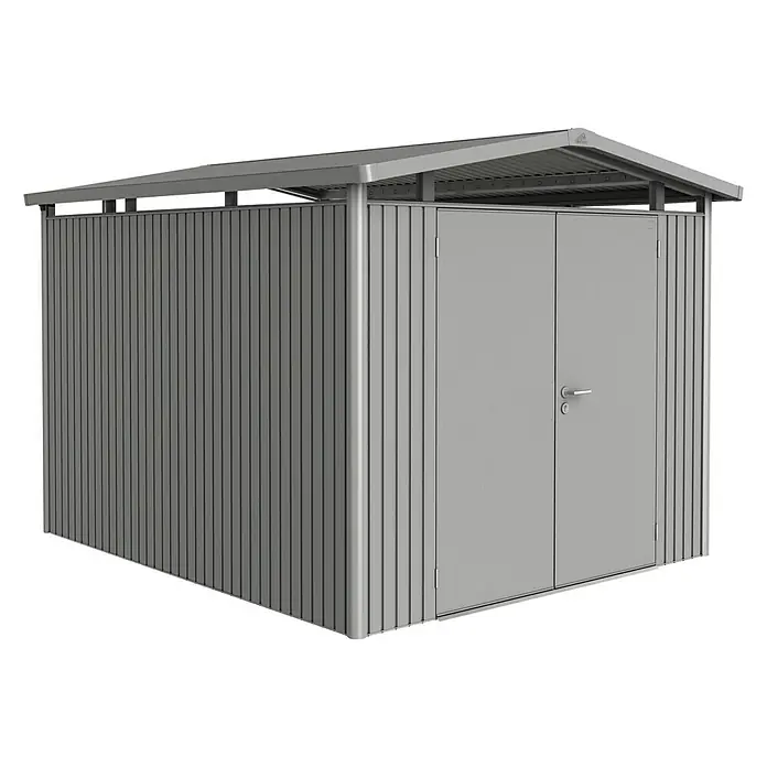 Biohort Gerätehaus Panorama - Außenbreite inkl. Dachüberstand: 273 cm, Außentiefe inkl. Dachüberstand: 318 cm, Stahl, Quarzgrau Metallic, Doppeltür - Vorderansicht