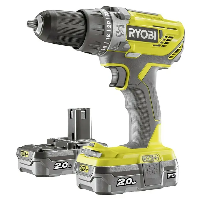 Ryobi ONE+ Taladro atornillador percutor de batería R18PD3-220S - 18 V, 2 Ah, 2 baterías, 500 r.p.m. - 1.800 r.p.m.