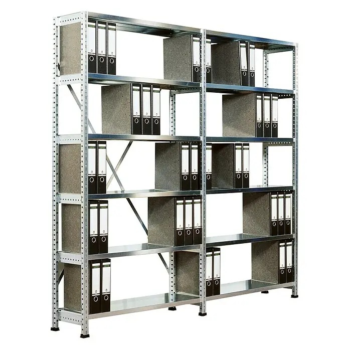 Scholz Aktenregal Grundelement - Länge: 850 mm, Breite: 300 mm, Höhe: 1.920 mm, Traglast: 100 kg/Boden, Anzahl Böden: 6 Stk. - Anwendungsbeispiel