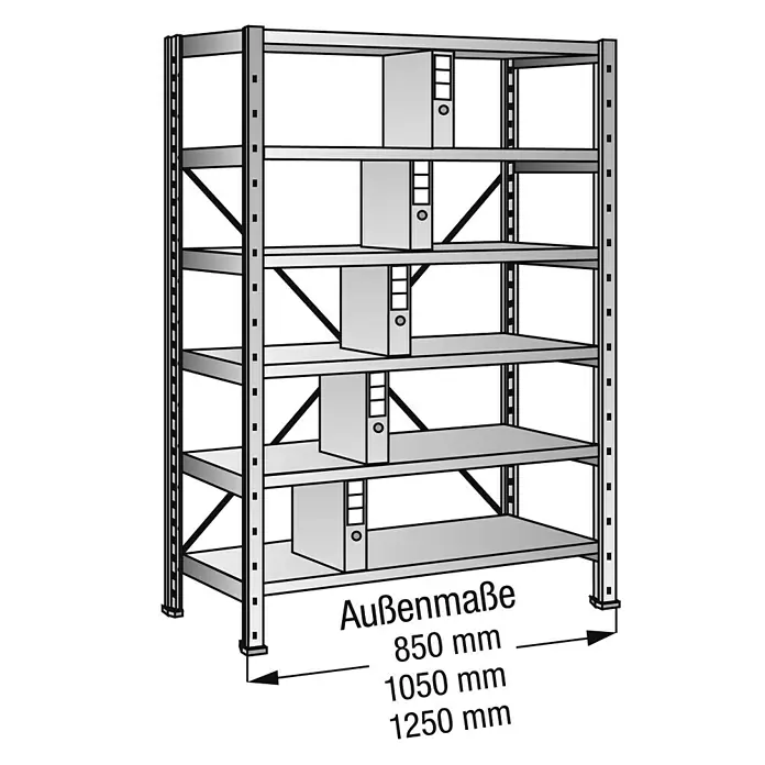 Scholz Aktenregal Grundelement - Länge: 850 mm, Breite: 300 mm, Höhe: 1.920 mm, Traglast: 100 kg/Boden, Anzahl Böden: 6 Stk. - Anwendungsbeispiel