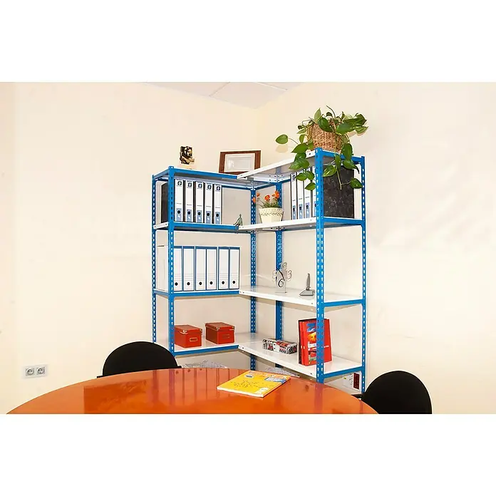Simonrack Simonclick Estantería rinconera metálica Simoncorner - L x An x Al: 40 x 140 x 200 cm, Capacidad de carga: 80 kg/balda, Número de baldas: 10 ud., Inserción, Azul/Blanco