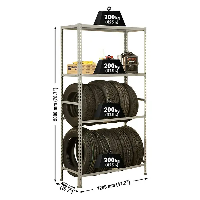 Simonrack Simongarage Estantería para neumáticos Megaplus - L x An x Al: 40 x 120 x 200 cm, Capacidad de carga: 200 kg/balda, Número de baldas: 4 ud., Inserción, Gris