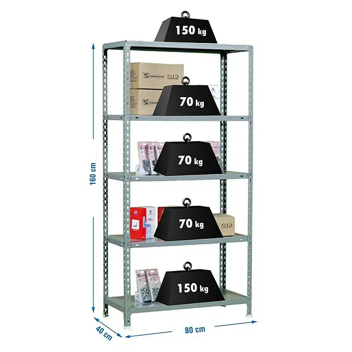 Simonrack Simonclick Estantería metálica Ecoclick Mini - L x An x Al: 40 x 80 x 180 cm, Capacidad de carga: 150 kg/balda, Número de baldas: 5 ud., Gris