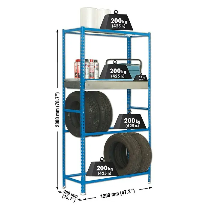 Simonrack Simongarage Estantería para neumáticos Box Megaplus - L x An x Al: 40 x 120 x 200 cm, Capacidad de carga: 200 kg/balda, Número de baldas: 4 ud., Inserción, Azul