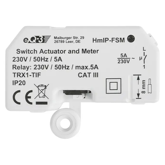 Homematic IP Funkschalter HmIP-FSM - 41 x 54 x 33 mm, Unterputz, 230 V/50 Hz, 5 A - Vorderansicht
