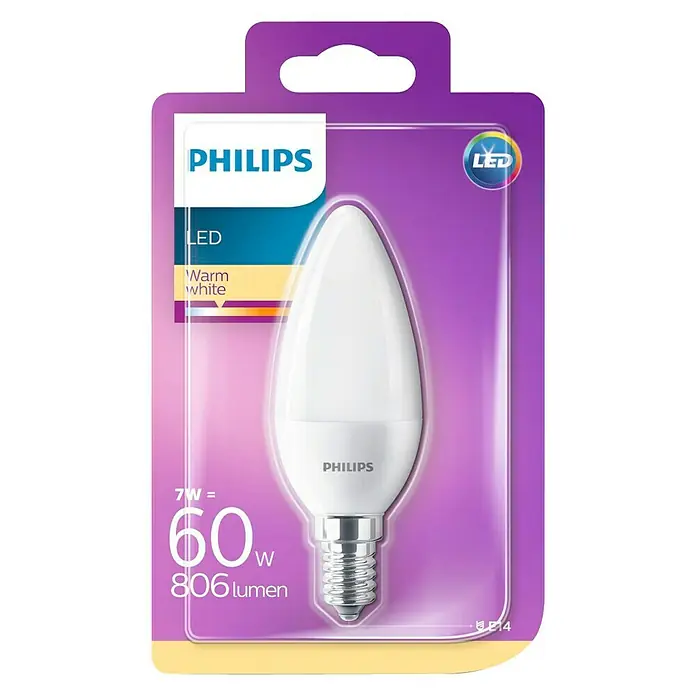 Philips Bombilla LED Vela - 7 W, E14, Color de luz: Blanco cálido, No regulable, Vela