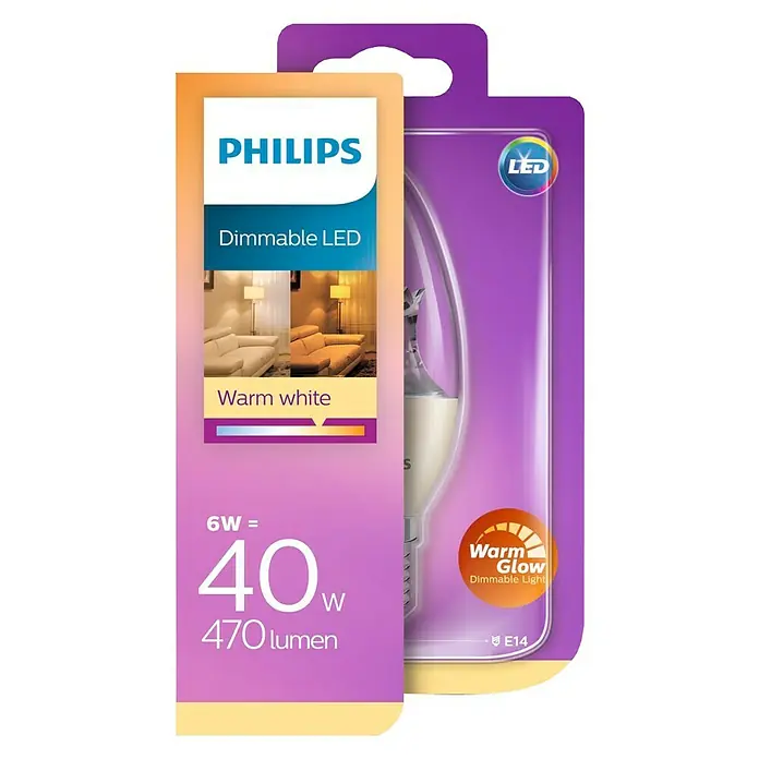 Philips Bombilla LED Vela - 6 W, E14, Color de luz: Blanco cálido, Intensidad regulable, Ovalada