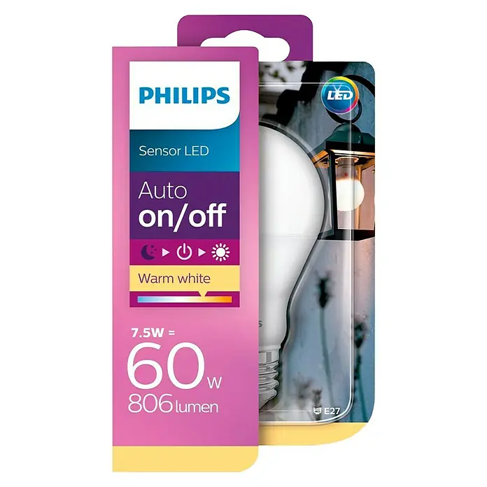 Philips Bombilla LED con sensor - 7,5 W, E27, Color de luz: Blanco cálido, Intensidad regulable, Redonda