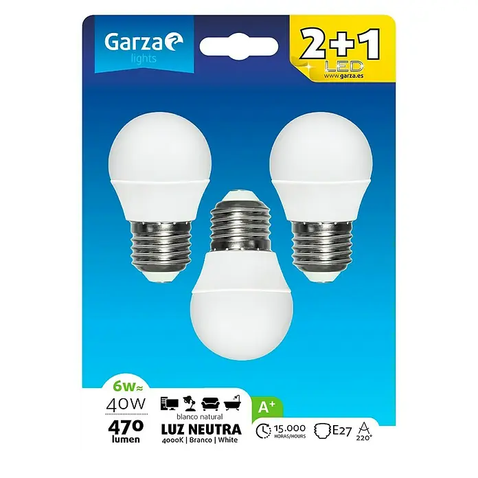 Garza Bombilla LED - 3 uds., 6 W, E27, Color de luz: Blanco neutro