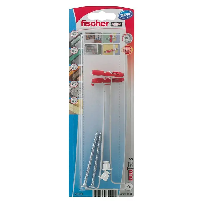 Fischer Duotec Taco basculante 10 S - Diámetro taco: 10 mm, Longitud taco: 40 mm, Apto para: Placas de yeso laminado, 2 uds., Con tornillos/ganchos