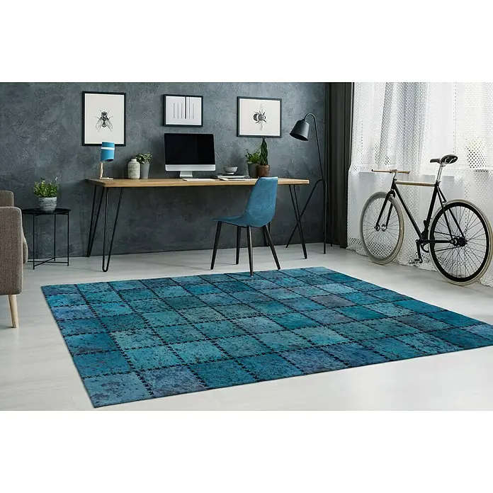 Kayoom Echtlederteppich Viola - Türkis, 170 x 120 cm, 100 % Echtleder - Stimmungsaufnahme