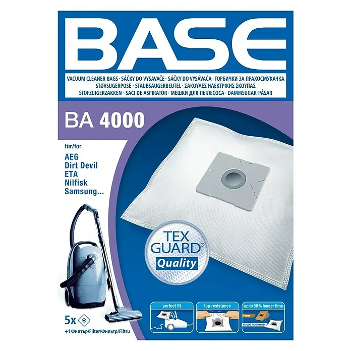 Base Staubsaugerbeutel BA 4000 - 5 Stk., Passend für: AEG Staubsauger, Dirt Devil Staubsauger, Samsung Staubsauger, AFK Staubsauger, Alaska Staubsauger, ETA Staubsauger, Nilfisk Staubsauger - Vorderansicht