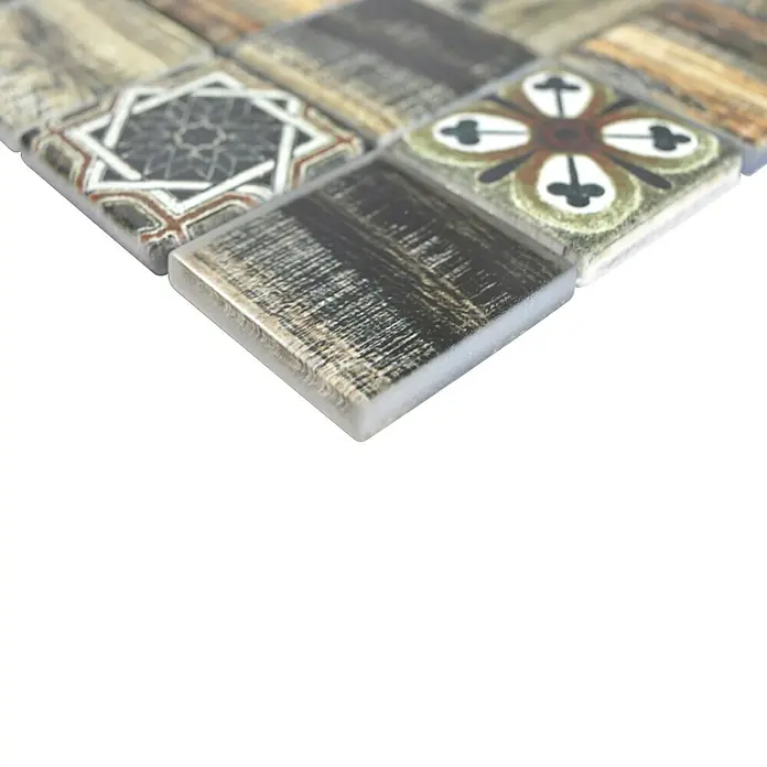 Mosaikfliese Quadrat Crystal XCM WOOD 500 - 30 x 30 cm, Grün/Braun, Glänzend - Detailaufnahme