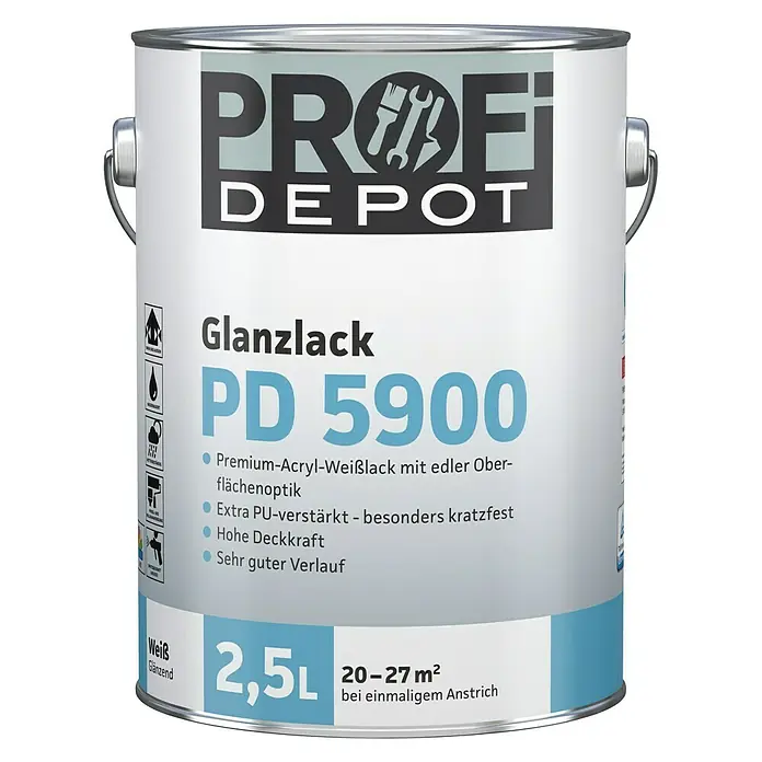 Profi Depot PD Acryllack Glanzlack PD 5900 - Weiß, 2,5 l, Glänzend - Vorderansicht