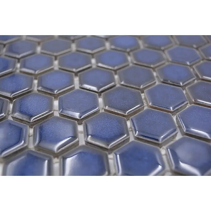 Mosaikfliese Hexagon Uni HX 260 - 26 x 30 cm, Blau, Glänzend - Detailaufnahme
