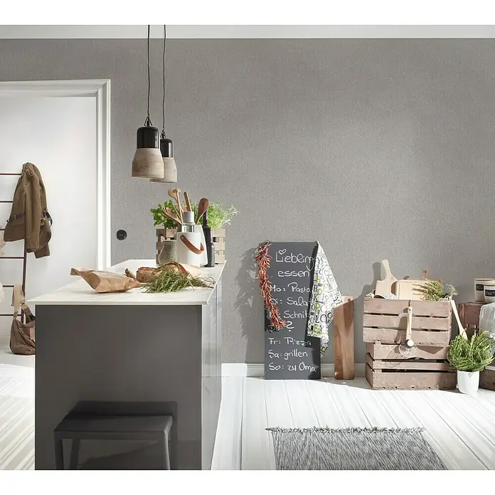 AS Creation Hygge Vliestapete - Grau/Braun, Uni, 10,05 x 0,53 m - Stimmungsaufnahme