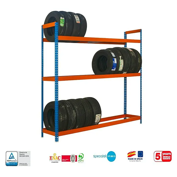 Simonrack Simonauto Estantería para neumáticos Autoforte - L x An x Al: 45 x 150 x 200 cm, Capacidad de carga: 120 kg/balda, Número de baldas: 3 ud., Azul/Naranja
