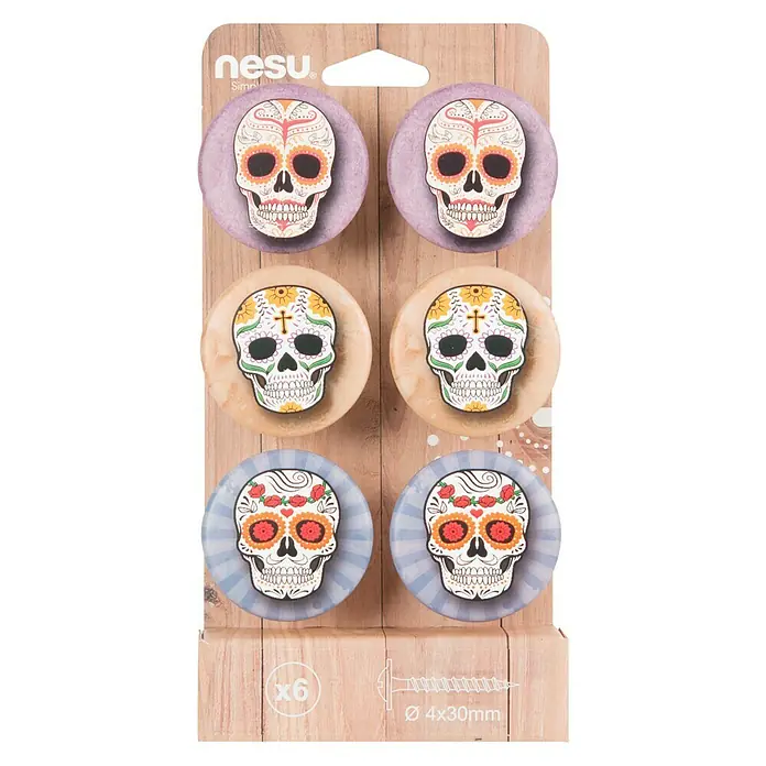 Nesu Set de pomos para muebles Calaveras 6 uds. - 6 pzs., Ø x Al: 50 x 24 mm, Plástico