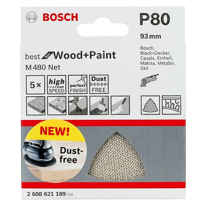 Bosch Schleifblätter M480 Best for Wood - L x B: 93 x 93 mm, Körnung: 80, 5 Stk. - Vorderansicht