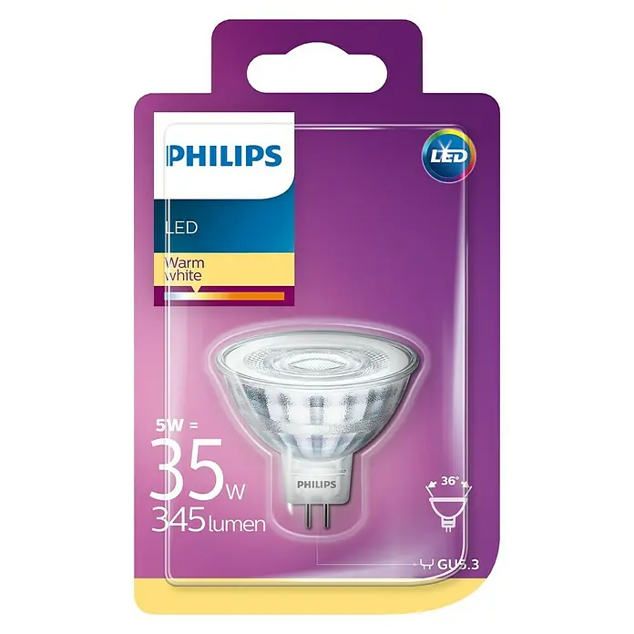Philips Bombilla reflectora LED - 5 W, GU5,3, 36 °, Color de luz: Blanco cálido, No regulable