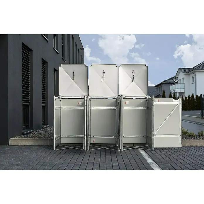 Hide Mülltonnenbox - 63,4 x 181,2 x 115,2 cm, Passend für: 3 Mülltonnen 110 - 140 l, Kunststoff, Grau - Anwendungsbeispiel