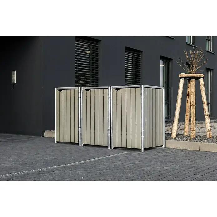 Hide Mülltonnenbox - 80,7 x 209,1 x 115,2 cm, Passend für: 3 Mülltonnen 180 - 240 l, Holz, Natur/Grau - Stimmungsaufnahme
