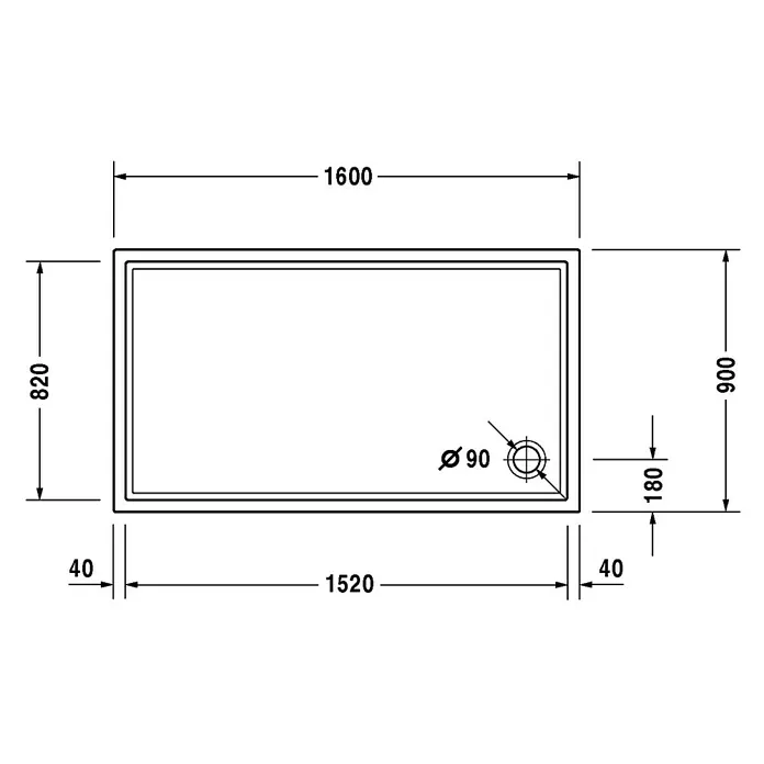 Duravit Duschwanne Starck Slimline - L x B: 160 x 90 cm, Kunststoff, Weiß, Mit Antirutsch-Oberfläche - Skizze