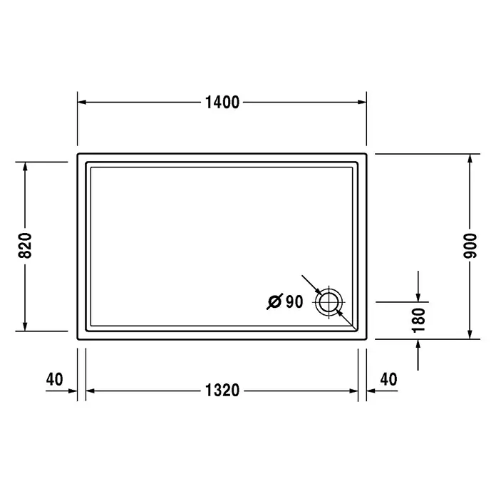 Duravit Duschwanne Starck Slimline - L x B: 140 x 90 cm, Kunststoff, Weiß, Ohne Antirutsch-Oberfläche - Skizze