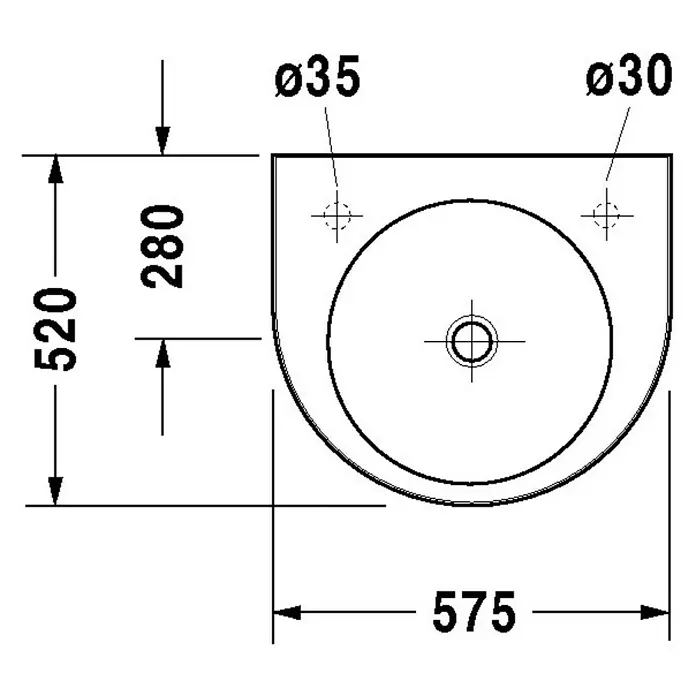 Duravit Architec Waschtisch - 57,5 x 52 cm, Ohne Spezialglasur, Hahnloch: Rechts, Mit Überlauf, Weiß - Skizze