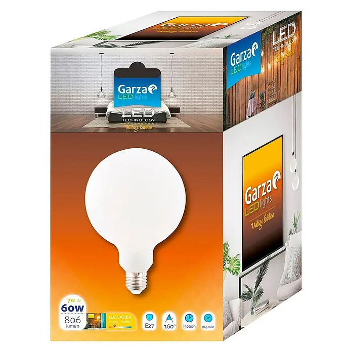 Garza Bombilla LED Vintage - E27, 7 W, Blanco cálido, 806 lm, Opaca