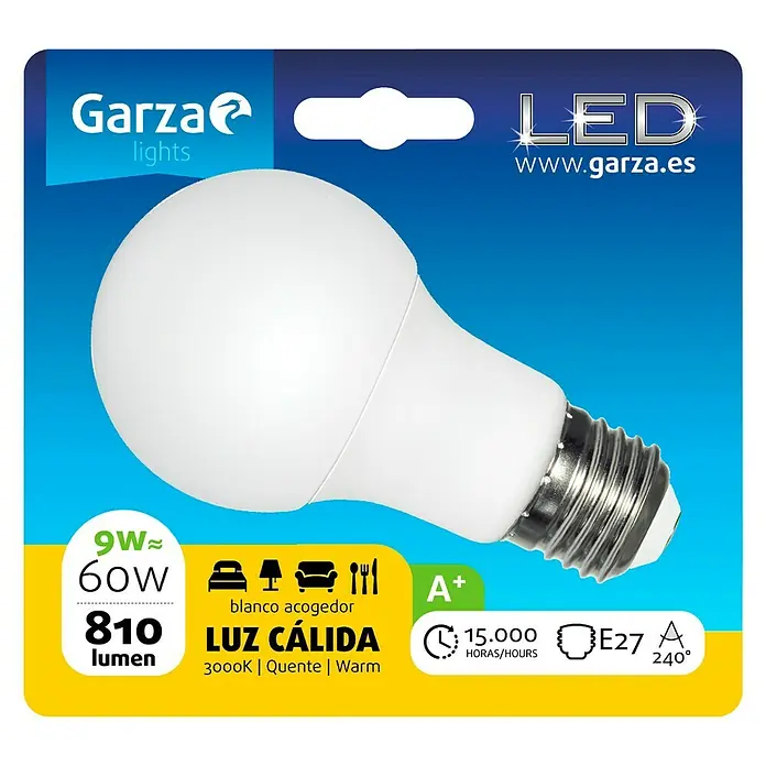 Garza Bombilla LED - 9 W, E27, Blanco cálido, 810 lm