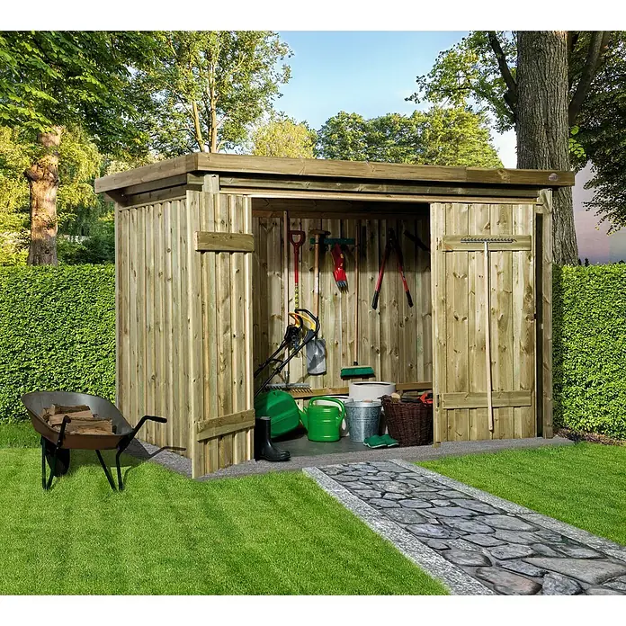 Weka Gerätehaus 607 A - Außenbreite inkl. Dachüberstand: 308 cm, Außentiefe inkl. Dachüberstand: 257 cm, Holz, Natur - Stimmungsaufnahme