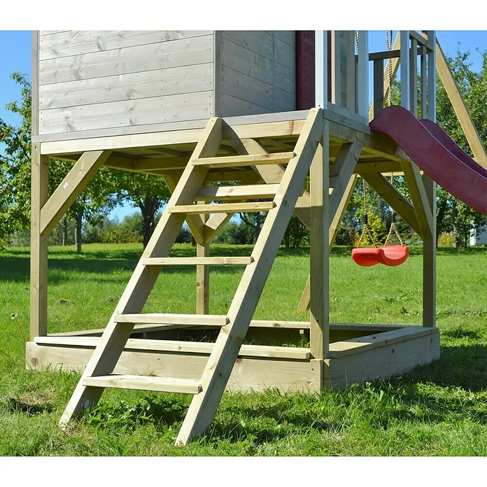Wendi Toys Spielhaus Alpaka - 290 x 350 cm, Holz, Natur/Rot - Detailaufnahme
